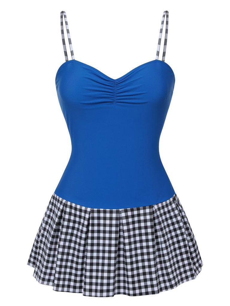 Costumi intero plaid spalline sottili patchwork blu anni '60