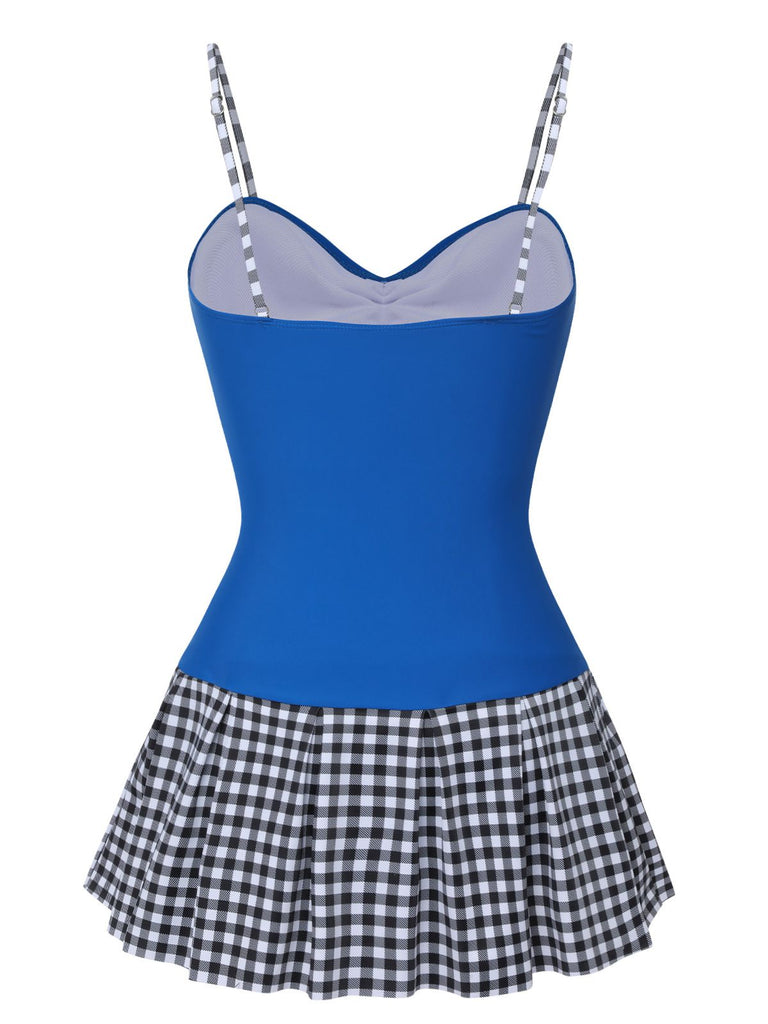 Costumi intero plaid spalline sottili patchwork blu anni '60