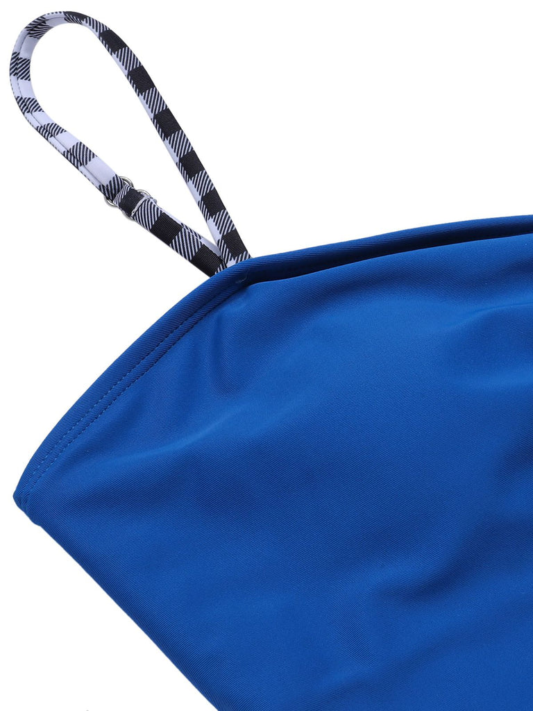 Costumi intero plaid spalline sottili patchwork blu anni '60