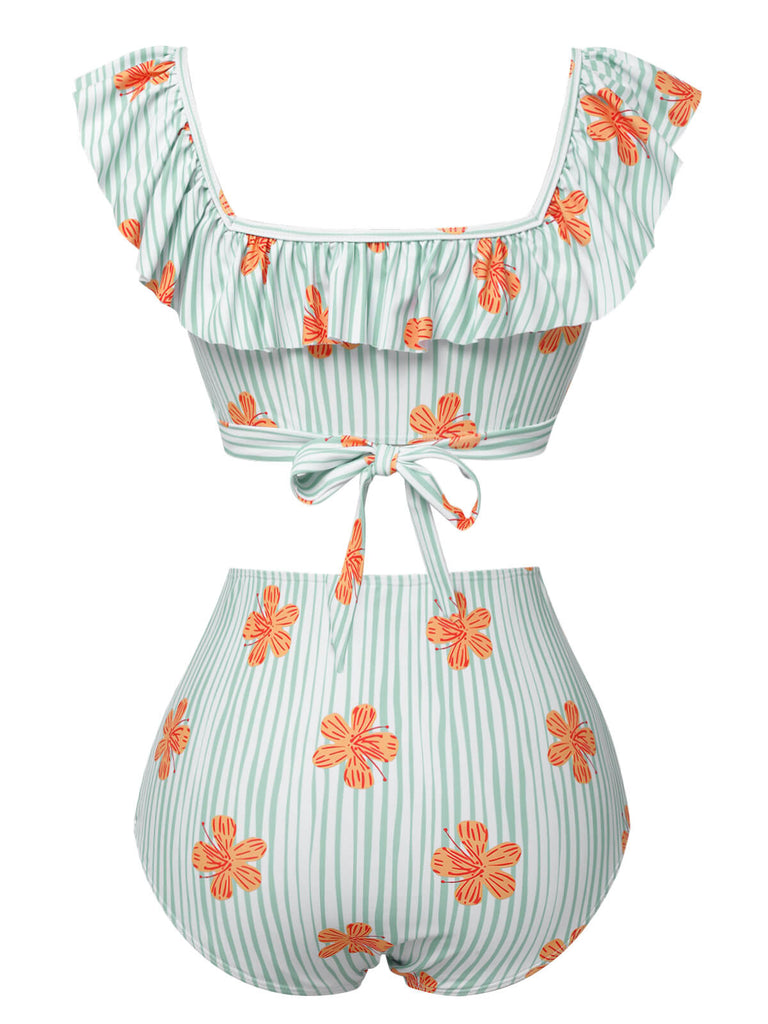 Costumi con volant a righe floreale verde chiaro anni '50