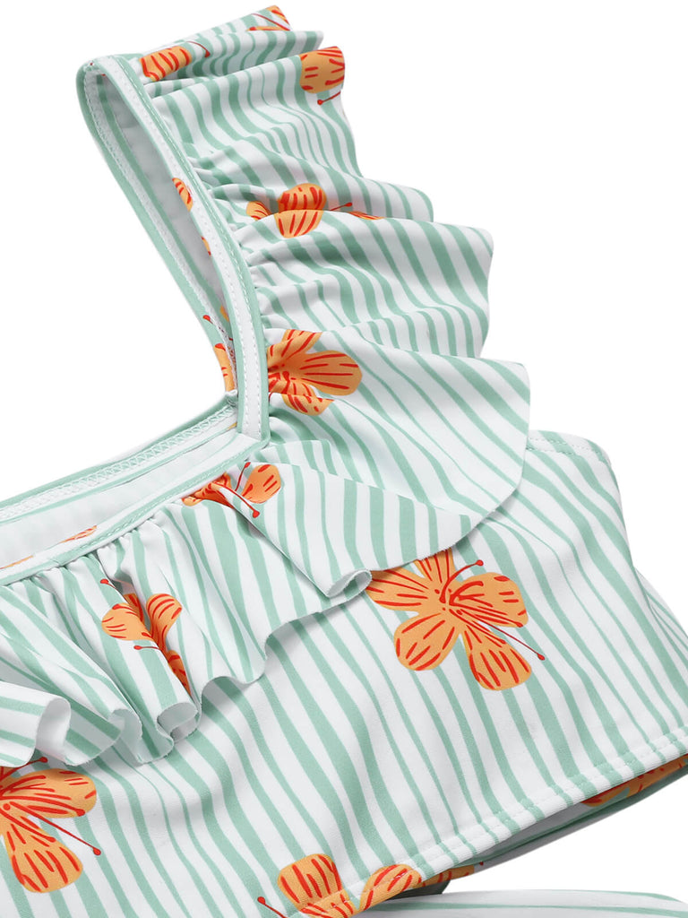 Costumi con volant a righe floreale verde chiaro anni '50