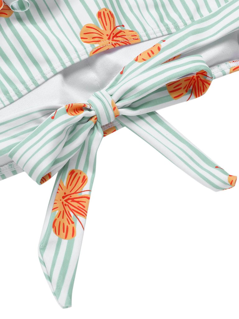 Costumi con volant a righe floreale verde chiaro anni '50