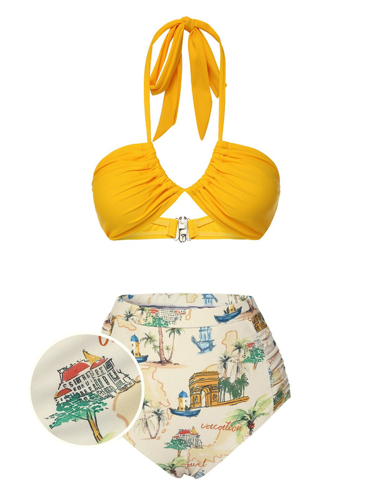 2PCS Costumi e copricostume motivo architettonico giallo anni '70