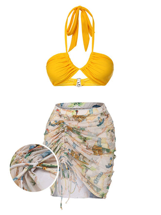 2PCS Costumi e copricostume motivo architettonico giallo anni '70