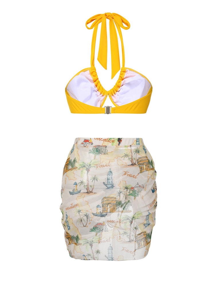 2PCS Costumi e copricostume motivo architettonico giallo anni '70