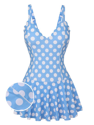Costumi intero a pois con scollo a petalo blu anni '60