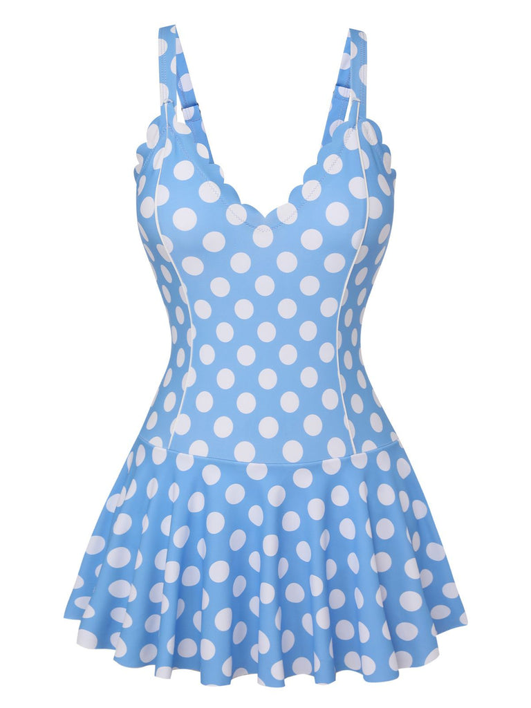 Costumi intero a pois con scollo a petalo blu anni '60