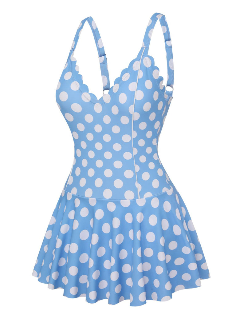 Costumi intero a pois con scollo a petalo blu anni '60