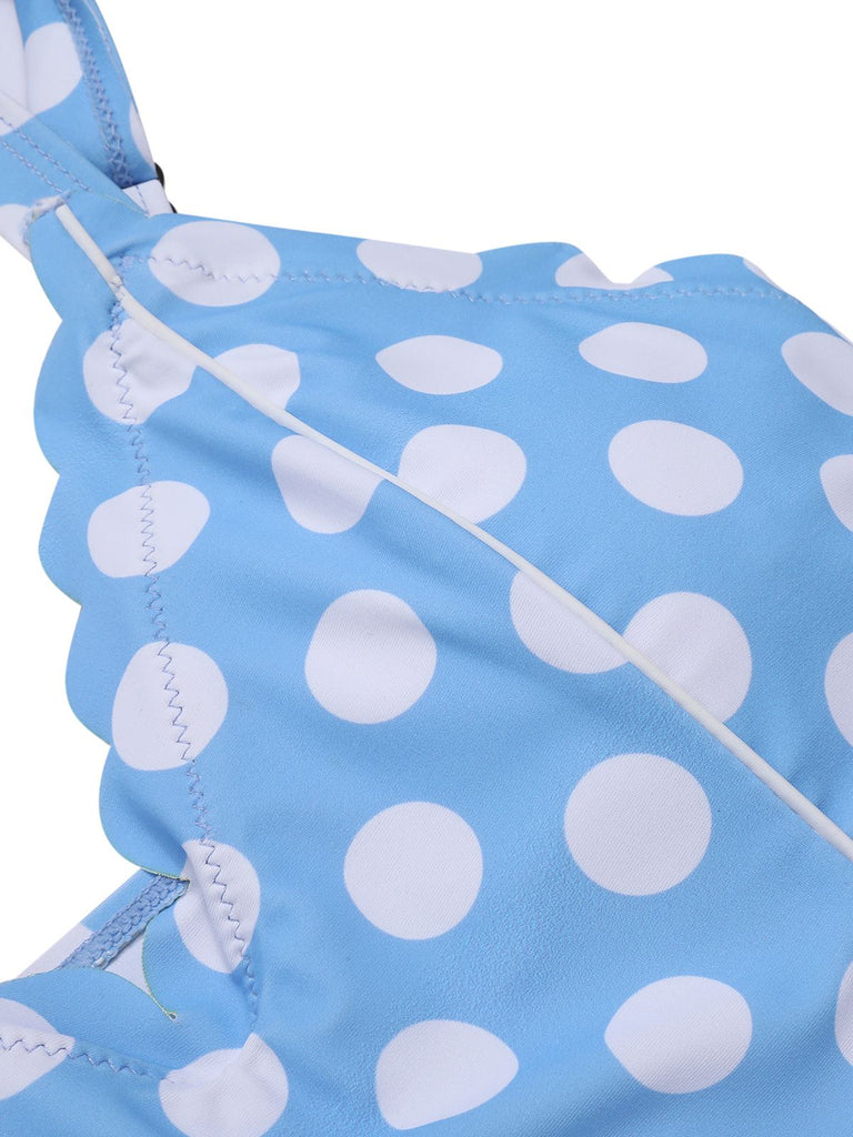 Costumi intero a pois con scollo a petalo blu anni '60