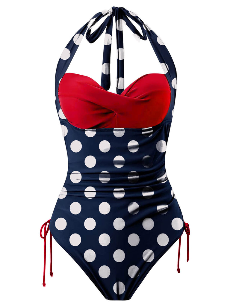 Costumi a pois scollo all'americana blu e rosso anni '50