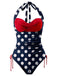 Costumi a pois scollo all'americana blu e rosso anni '50