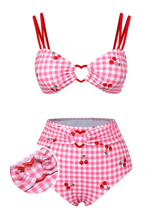 Costumi rosa a quadri cinturino a ciliegia anni '50