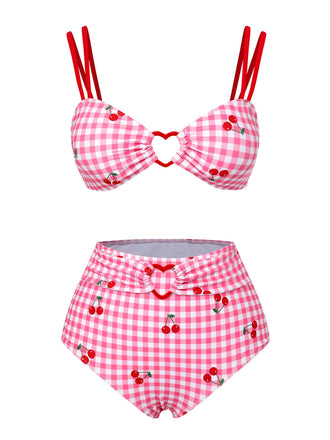 Costumi rosa a quadri cinturino a ciliegia anni '50