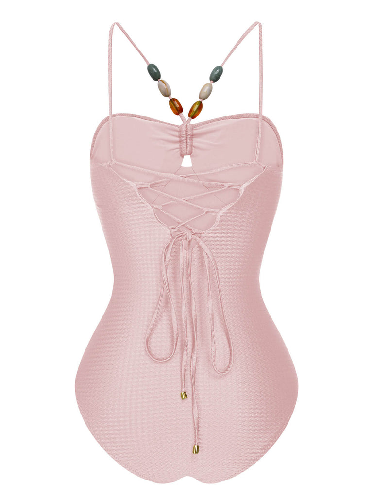Costumi intero a fascia stampa testurizzata rosa chiaro anni '60