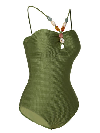 Costumi intero a fascia con stampa testurizzata verde anni '60