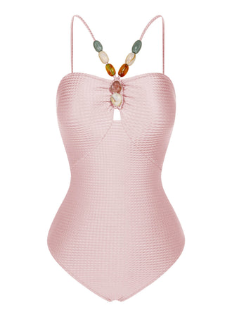 Costumi intero a fascia stampa testurizzata rosa chiaro anni '60