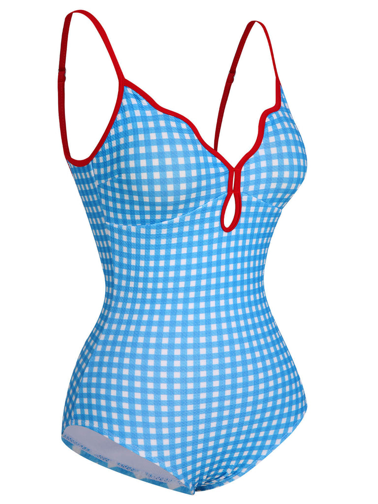 Costumi intero plaid con spalline sottili blu anni '50