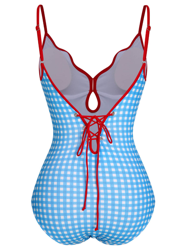 Costumi intero plaid con spalline sottili blu anni '50