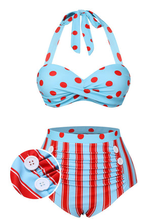 Costumi a righe a pois scollo all'americana blu anni '40
