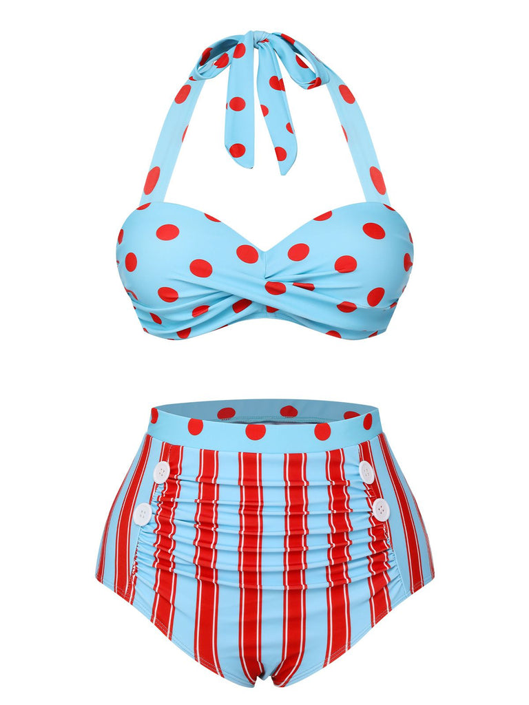 Costumi a righe a pois scollo all'americana blu anni '40