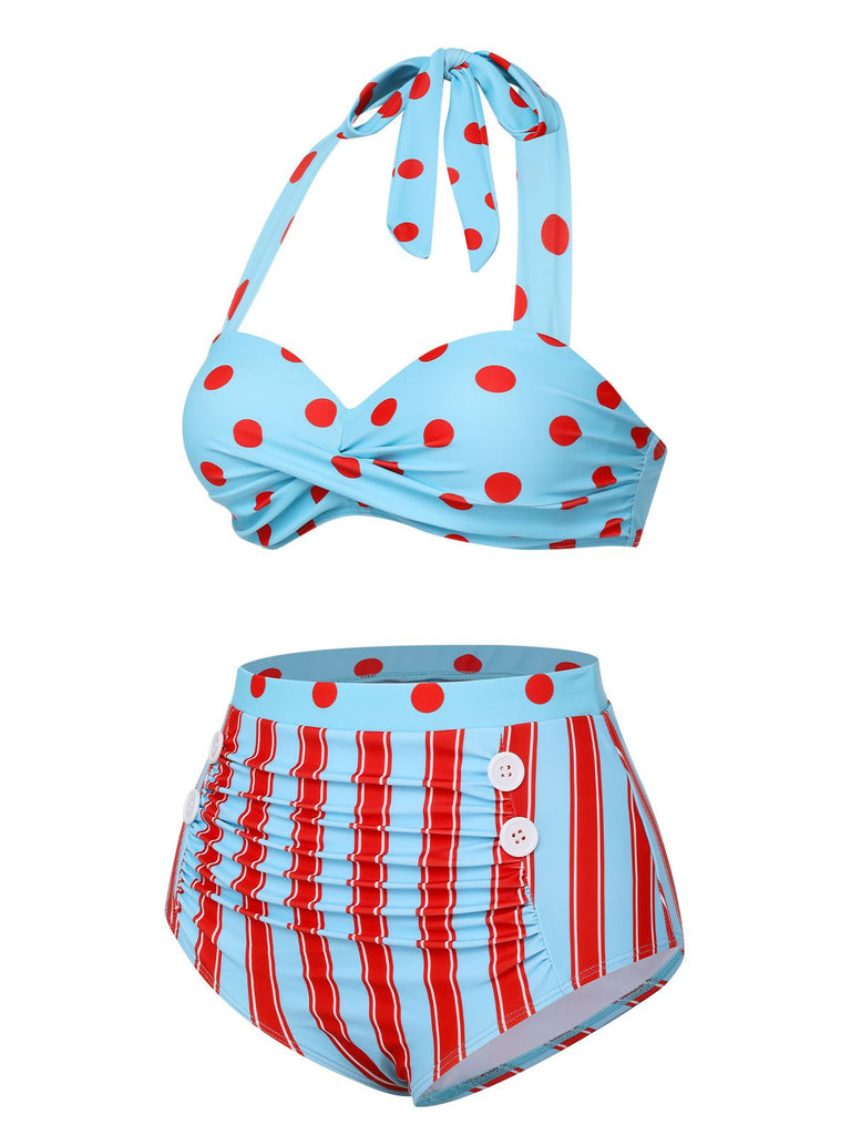 Costumi a righe a pois scollo all'americana blu anni '40