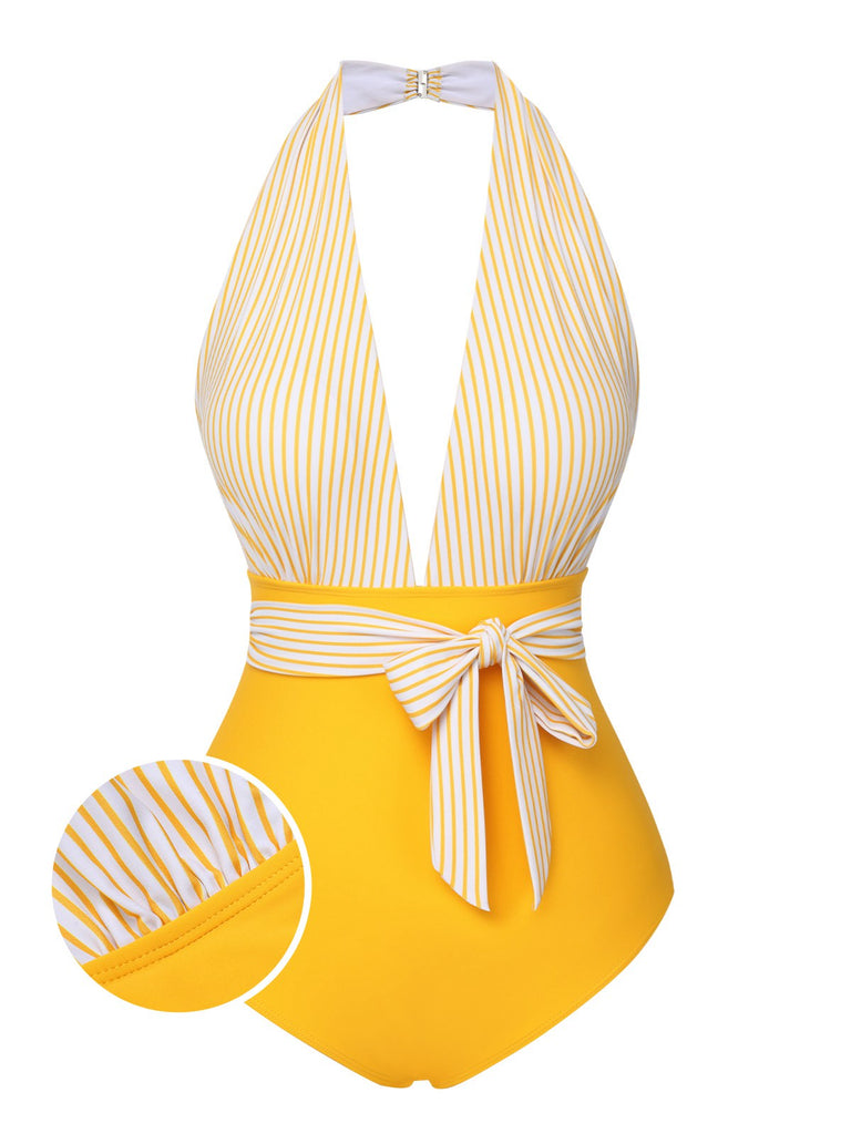Costumi a righe con scollo all'americana giallo anni '50