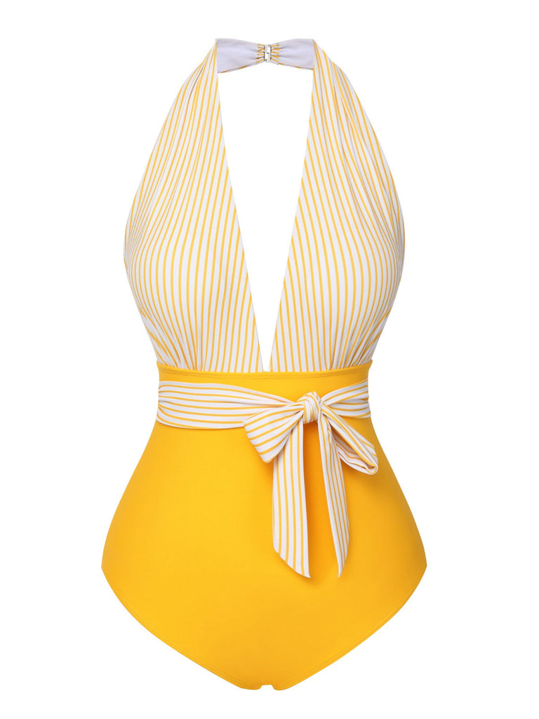 Costumi a righe con scollo all'americana giallo anni '50