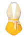 Costumi a righe con scollo all'americana giallo anni '50