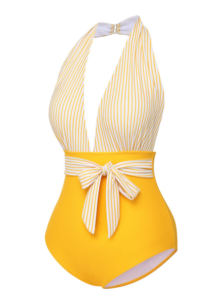 Costumi a righe con scollo all'americana giallo anni '50