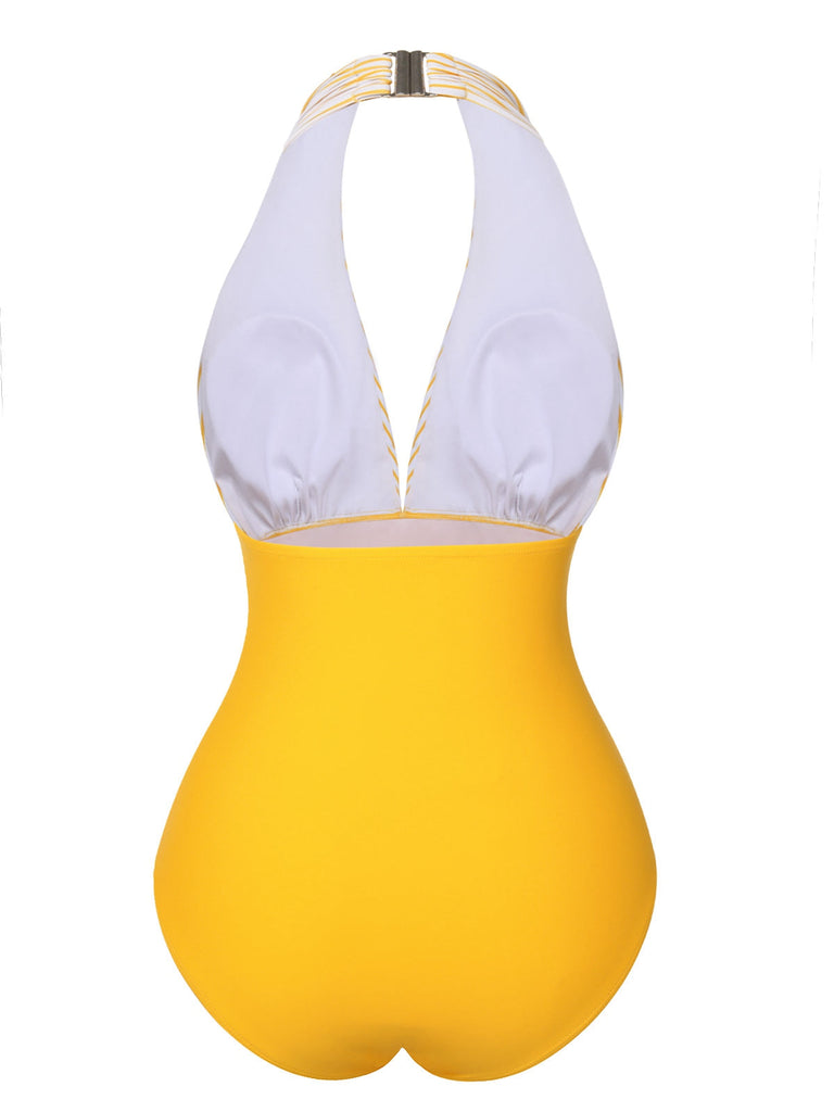 Costumi a righe con scollo all'americana giallo anni '50