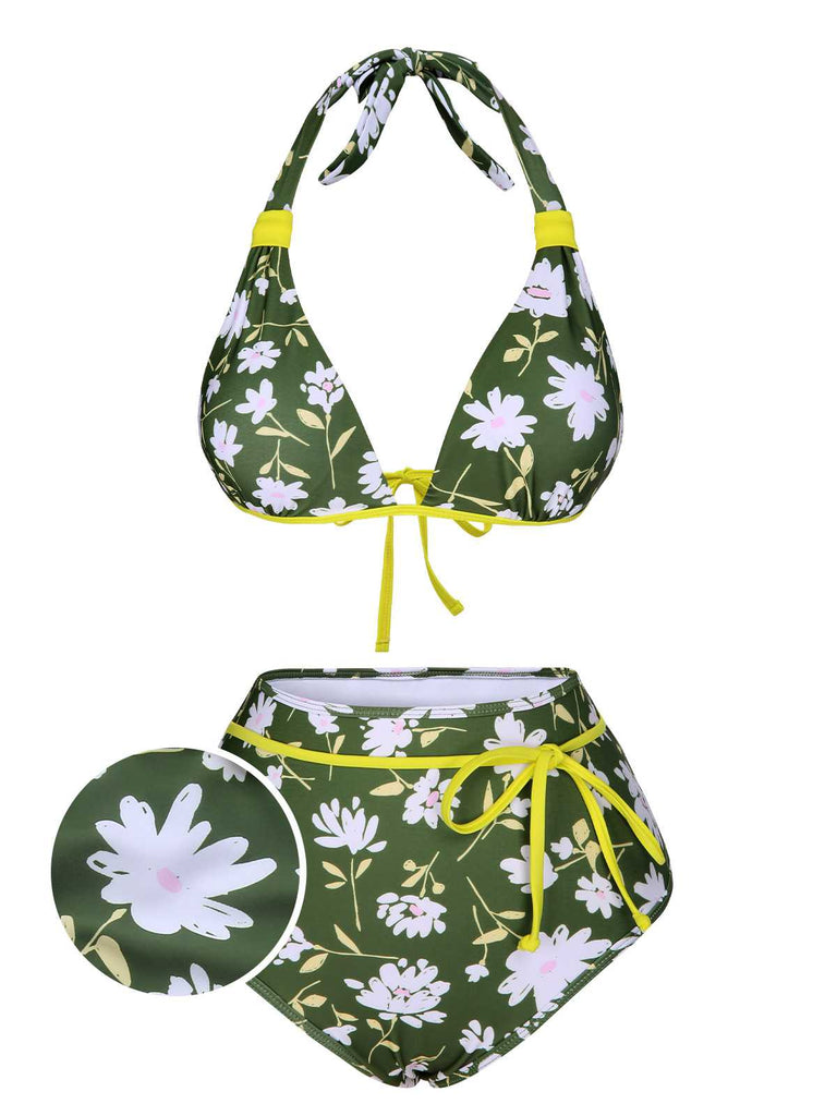 Costume da bagno floreale senza schienale verde scuro anni '40