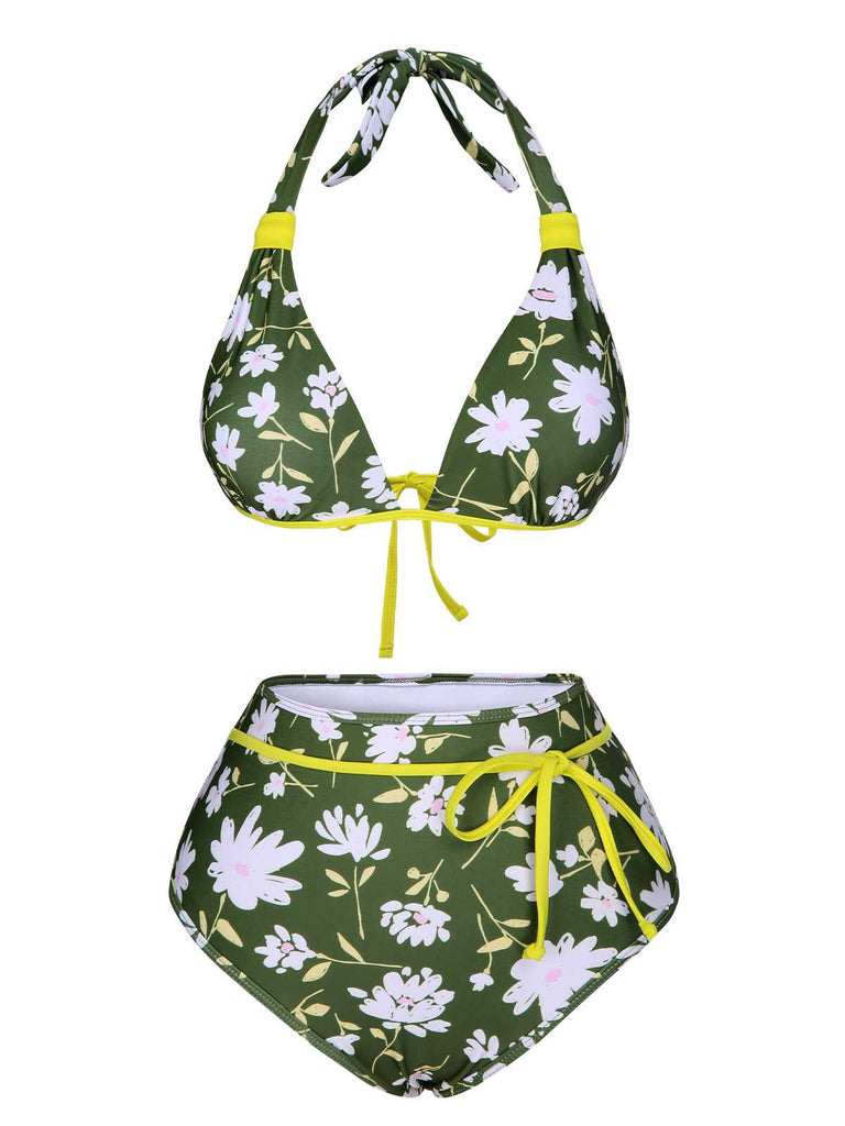 Costume da bagno floreale senza schienale verde scuro anni '40