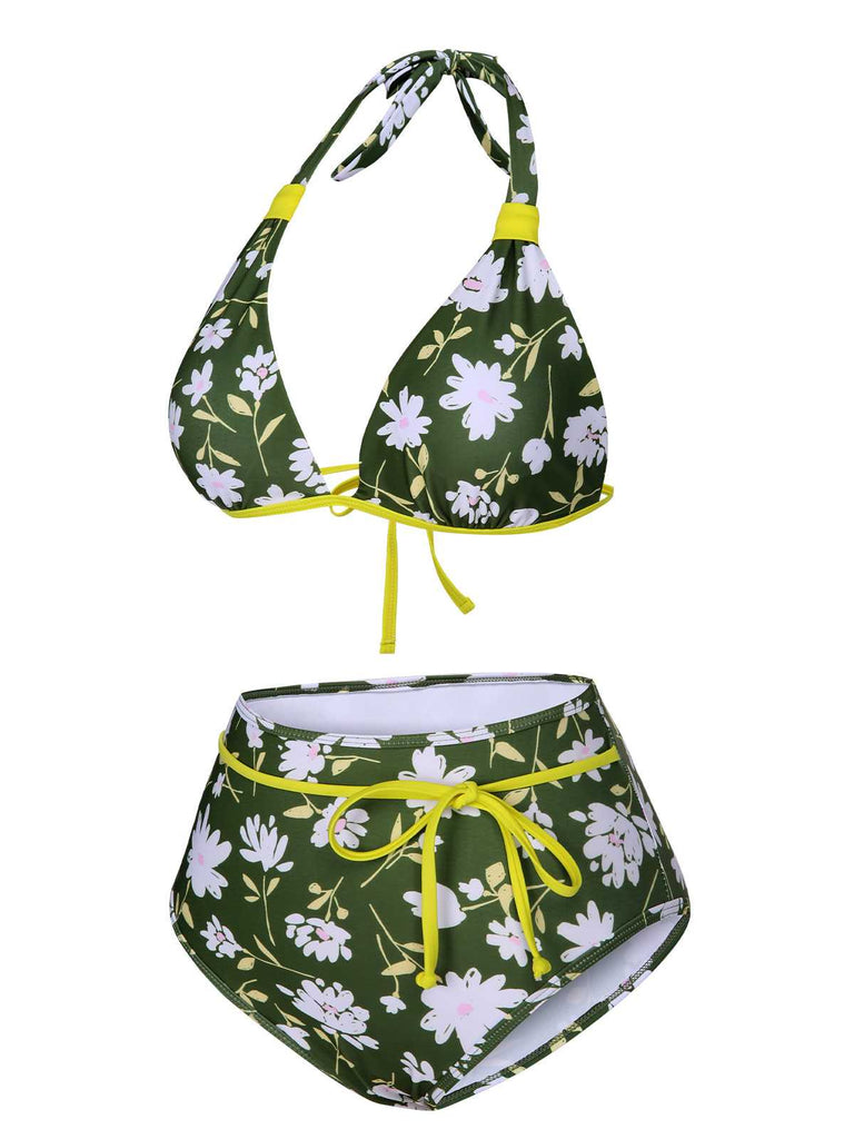 Costume da bagno floreale senza schienale verde scuro anni '40