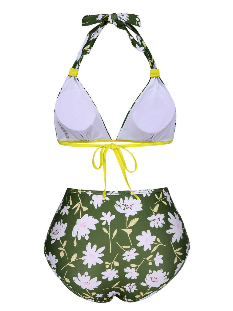 Costume da bagno floreale senza schienale verde scuro anni '40
