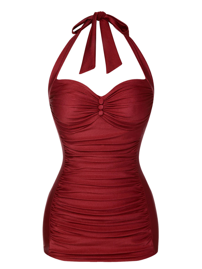 Costume da bagno arricciato scollo a V nero anni '50