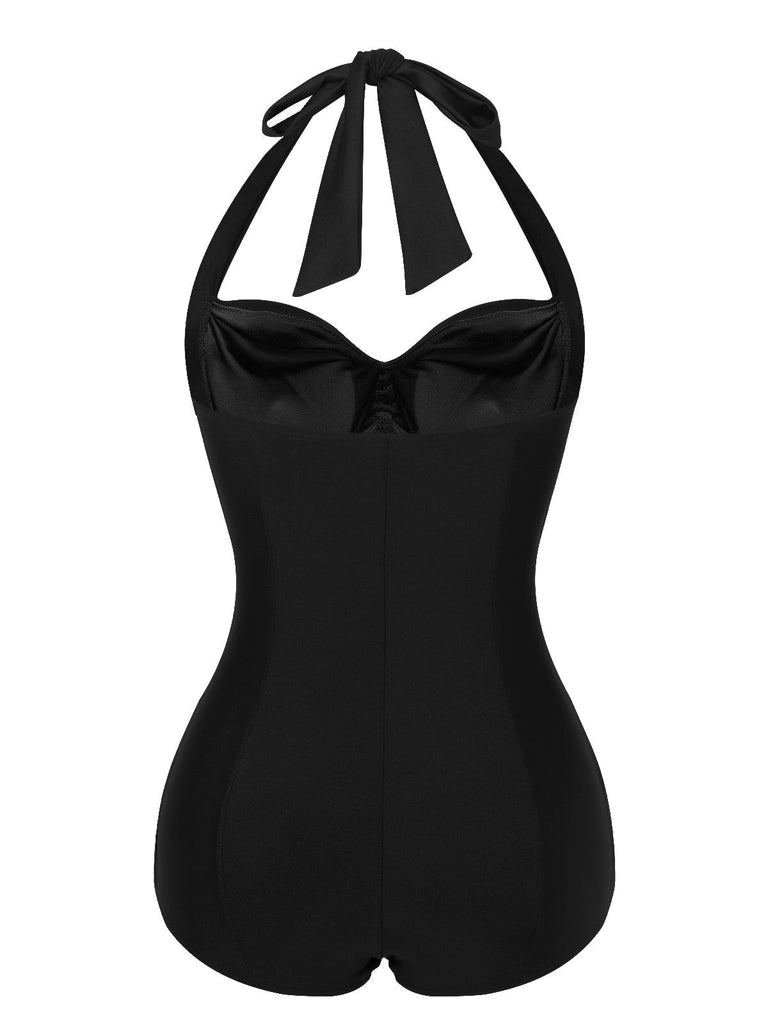 Costume da bagno arricciato scollo a V nero anni '50