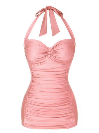 Costumi intero plissettato scollo all'americana rosa anni '50