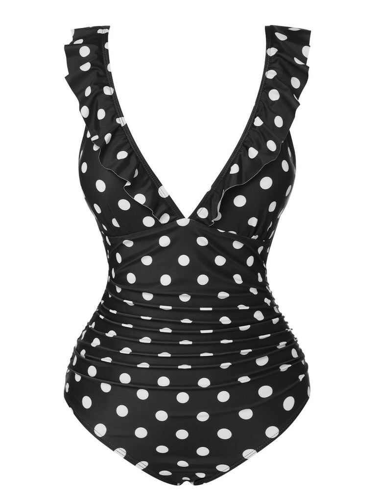 Costumi intero a pois volant e scollo a V nero anni '50
