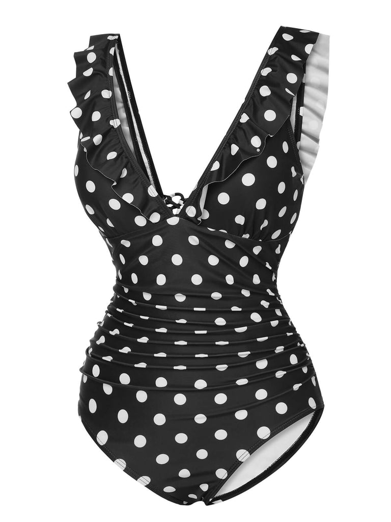 Costumi intero a pois volant e scollo a V nero anni '50