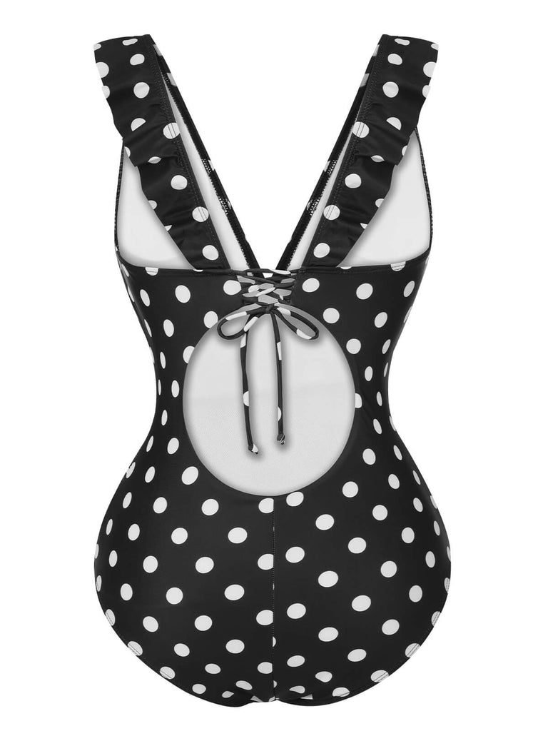 Costumi intero a pois volant e scollo a V nero anni '50