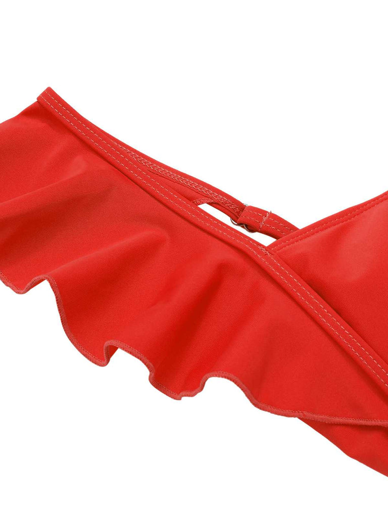 Costumi intero con schiena scoperta e volant nero anni '50