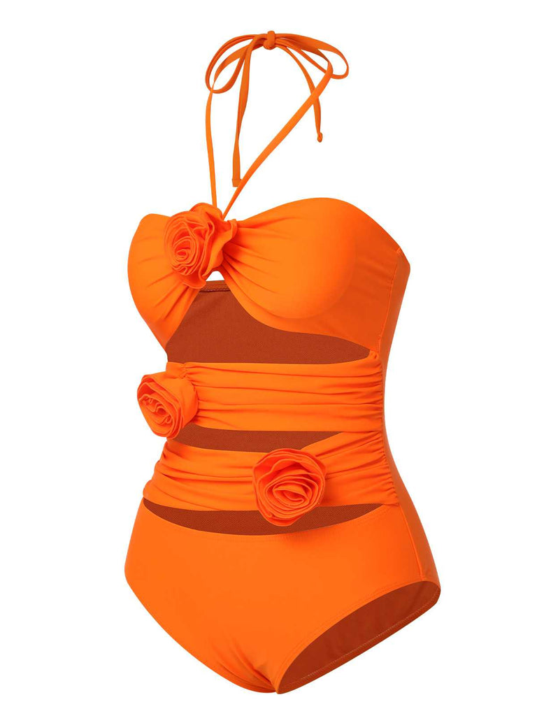Costume intero a fiori 3D cava rosso arancione anni '50