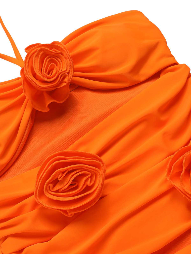 Costume intero a fiori 3D cava rosso arancione anni '50