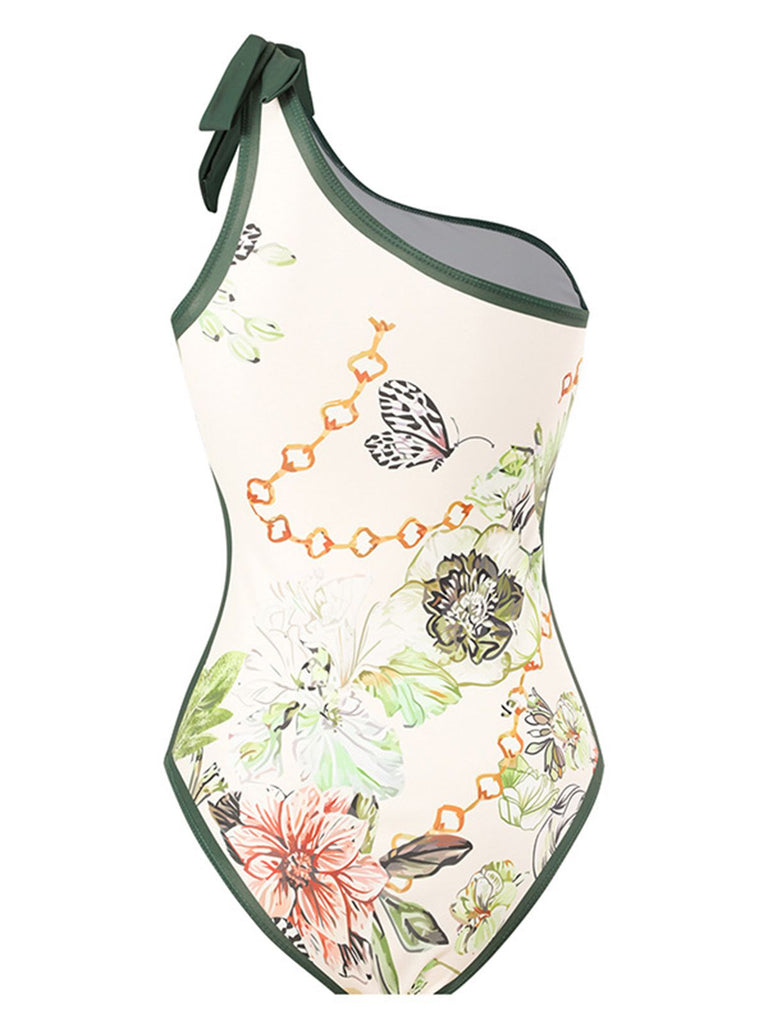 Costumi intero floreale monospalla e copricostume anni '40
