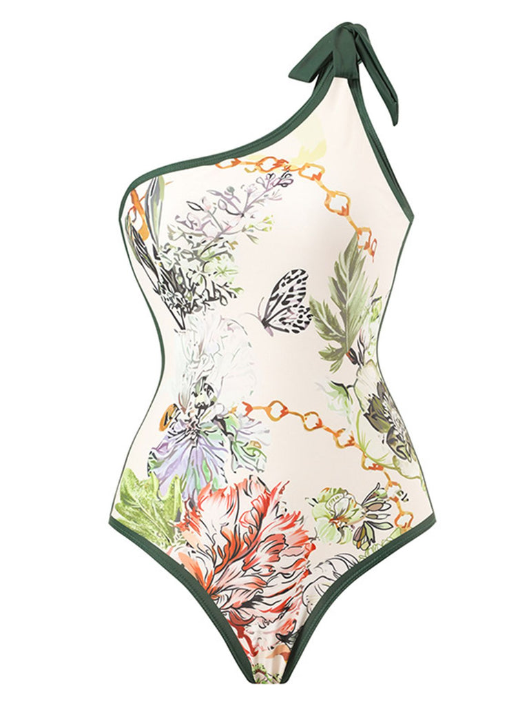 Costumi intero floreale monospalla e copricostume anni '40