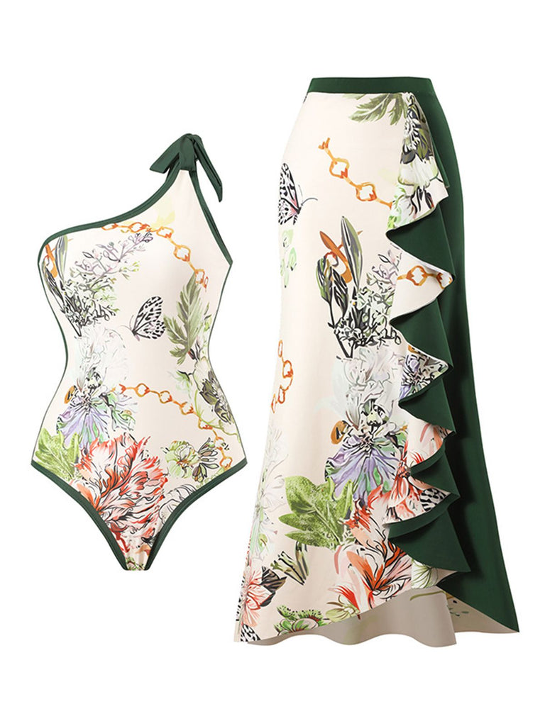 Costumi intero floreale monospalla e copricostume anni '40