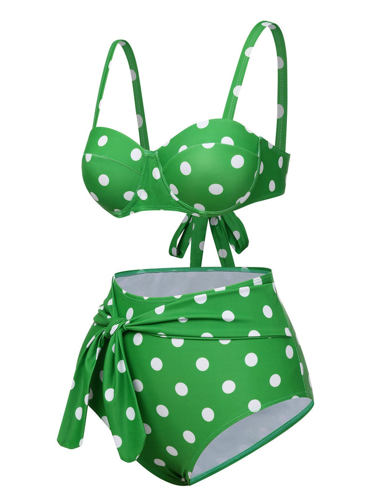 Costumi a pois spalline sottili fiocco verde anni '50