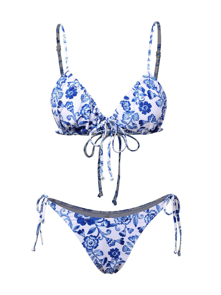 Bikini in porcellana con spalline sottili blu e bianco anni '50
