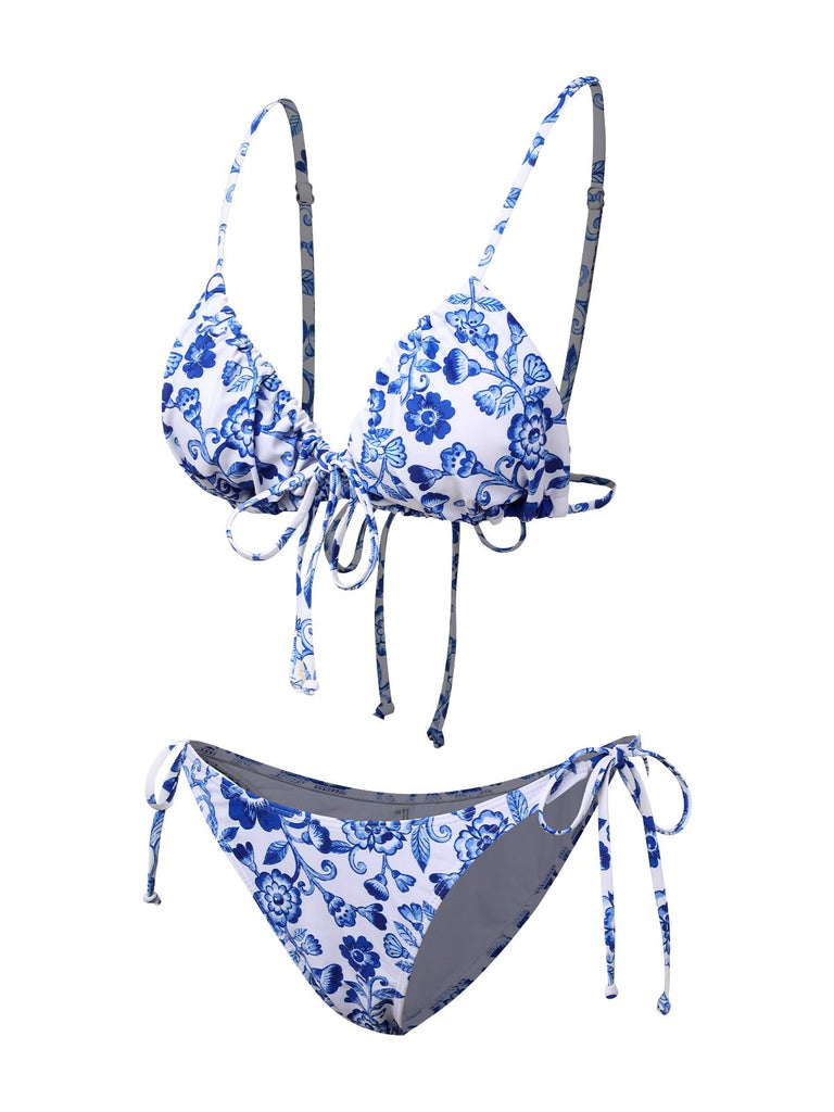 Bikini in porcellana con spalline sottili blu e bianco anni '50