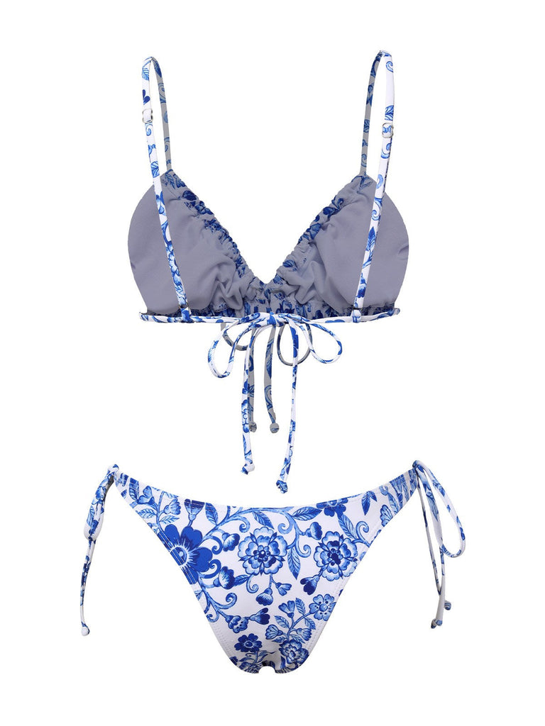 Bikini in porcellana con spalline sottili blu e bianco anni '50